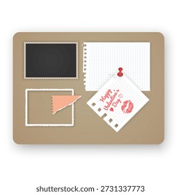 Cork board  with torn paper note with a "Happy Valentine's Day" message, a pink lipstick kiss mark, and a red pushpin. Realistic bulletin board texture with soft shadows, perfect for romantic mood boards, holiday announcements, and creative organizational layouts