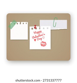 Tablero de corcho con una nota de papel roto con un mensaje de "Feliz Día de San Valentín", una marca de beso de lápiz labial rosa y una horquilla roja. Textura realista del tablón de anuncios con sombras suaves, perfecta para tableros de sentimiento románticos, anuncios de vacaciones y diseños organizativos creativos