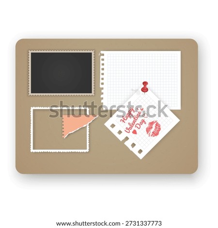 Cork board  with torn paper note with a "Happy Valentine's Day" message, a pink lipstick kiss mark, and a red pushpin. Realistic bulletin board texture with soft shadows, perfect for romantic mood boards, holiday announcements, and creative organizational layouts