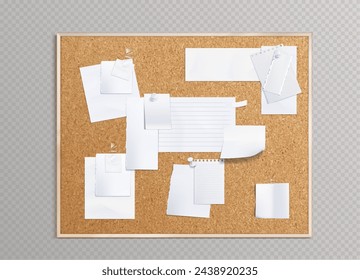 Cork board with white note papers attached with adhesive tape and pins. Realistic vector brown office corkboard with notepad pages and stickers for memory writings. Mockup for announcement notice.