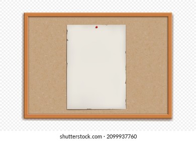 Cork Bulletin Board With Blank Paper Sheet. Template Isolated On A Transparent Background. Vector Mockup