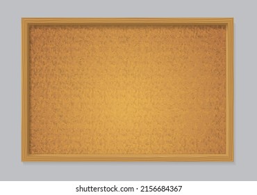 Cork bulletin board with wooden frame. Blank brown noticeboard for notes, posts, messages, news and tasks. Vector realistic empty cork plank with wood border