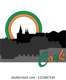Cork Flat Icon Design City Skyline Silhouette Vector Art Famous buildings, the colors of the flag in the background