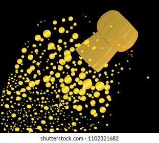 A cork flying from a champagne bottle with bubbles all set on a black background