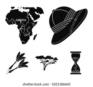 Cork hat, darts, savannah tree, territory map. African safari set collection icons in black style vector symbol stock illustration web.