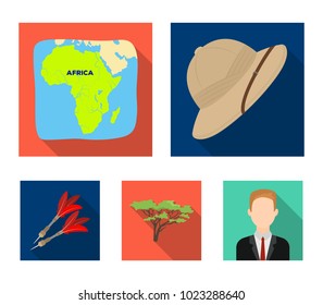 Cork hat, darts, savannah tree, territory map. African safari set collection icons in flat style vector symbol stock illustration web.