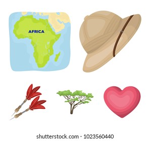 Cork hat, darts, savannah tree, territory map. African safari set collection icons in cartoon style vector symbol stock illustration web.