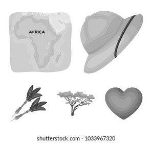 Cork hat, darts, savannah tree, territory map. African safari set collection icons in monochrome style vector symbol stock illustration web.