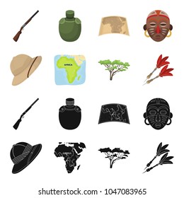 Cork hat, darts, savannah tree, territory map. African safari set collection icons in black,cartoon style vector symbol stock illustration web.