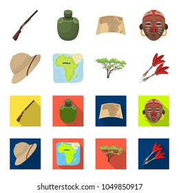 Cork hat, darts, savannah tree, territory map. African safari set collection icons in cartoon,flat style vector symbol stock illustration web.