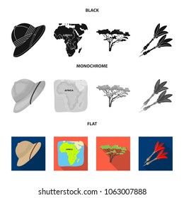 Cork hat, darts, savannah tree, territory map. African safari set collection icons in black, flat, monochrome style vector symbol stock illustration web.