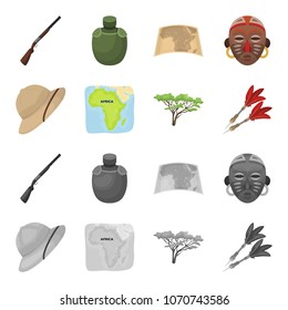 Cork hat, darts, savannah tree, territory map. African safari set collection icons in cartoon,monochrome style vector symbol stock illustration web.