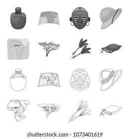 Cork hat, darts, savannah tree, territory map. African safari set collection icons in outline,monochrome style vector symbol stock illustration web.