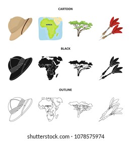 Cork hat, darts, savannah tree, territory map. African safari set collection icons in cartoon,black,outline style vector symbol stock illustration web.