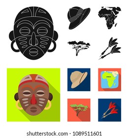 Cork hat, darts, savannah tree, territory map. African safari set collection icons in black, flat style vector symbol stock illustration web.