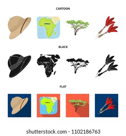 Cork hat, darts, savannah tree, territory map. African safari set collection icons in cartoon,black,flat style vector symbol stock illustration web.