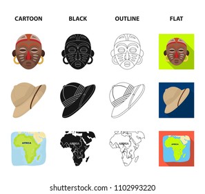 Cork hat, darts, savannah tree, territory map. African safari set collection icons in cartoon,black,outline,flat style vector symbol stock illustration web.