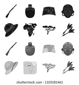 Cork hat, darts, savannah tree, territory map. African safari set collection icons in black,monochrome style vector symbol stock illustration web.