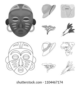 Cork hat, darts, savannah tree, territory map. African safari set collection icons in outline,monochrome style vector symbol stock illustration web.