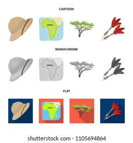 Cork hat, darts, savannah tree, territory map. African safari set collection icons in cartoon,flat,monochrome style vector symbol stock illustration web.