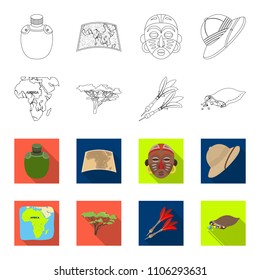 Cork hat, darts, savannah tree, territory map. African safari set collection icons in outline,flat style vector symbol stock illustration web.