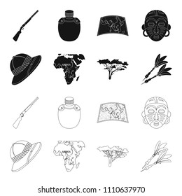 Cork hat, darts, savannah tree, territory map. African safari set collection icons in black,outline style vector symbol stock illustration web.