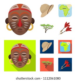 Cork hat, darts, savannah tree, territory map. African safari set collection icons in cartoon,flat style vector symbol stock illustration web.