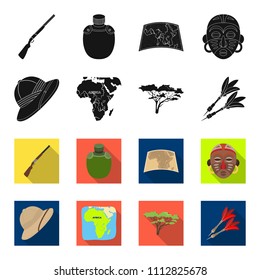 Cork hat, darts, savannah tree, territory map. African safari set collection icons in black,flet style vector symbol stock illustration web.