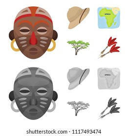 Cork hat, darts, savannah tree, territory map. African safari set collection icons in cartoon,monochrome style vector symbol stock illustration web.