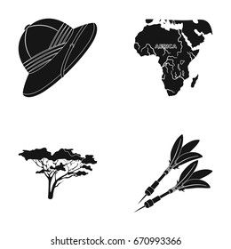 Cork hat, darts, savannah tree, territory map. African safari set collection icons in black style vector symbol stock illustration web.