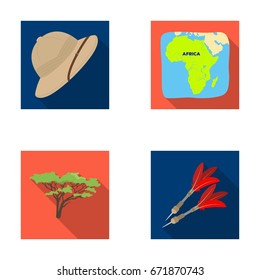 Cork hat, darts, savannah tree, territory map. African safari set collection icons in flat style vector symbol stock illustration web.