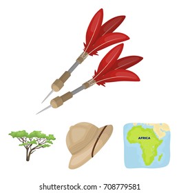 Cork hat, darts, savannah tree, territory map. African safari set collection icons in cartoon style vector symbol stock illustration web.