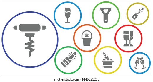 cork icon set. 9 filled cork icons.  Collection Of - Bottle opener, Champagne