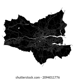 Cork, Irlanda, mapa vectorial de alta resolución con límites de ciudad y rutas editables. El mapa de la ciudad fue dibujado con áreas blancas y líneas para carreteras principales, caminos laterales y cursos de agua sobre un fondo negro.