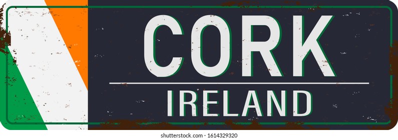 Cork Ireland old rusted metal road sign on a white background