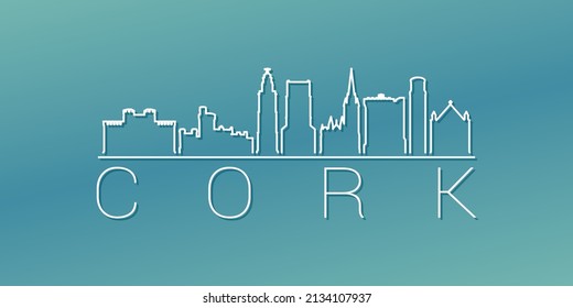 Cork, Irlanda Skyline Linear Design. Ilustración de ciudad plana Ilustración de imágenes recorridas mínima. Icono del vector de desplazamiento degradado de fondo.