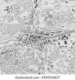 Cork map, Ireland. Grayscale color city map, vector streetmap with buildings, roads and rivers.