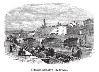 Cork in Munster, Ireland, during the 1890s, vintage engraving. Old engraved illustration of Cork showing Saint Patrick's Bridge and Cork City Hall. Trousset encyclopedia (1886 - 1891).