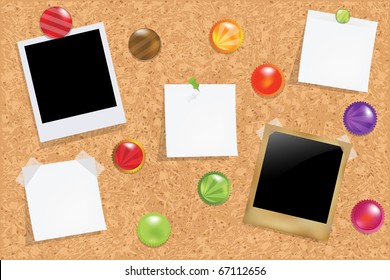 Cork Notice Board With Blank Colorful Sticker Notes And Magnets And Photos, Vector Illustration