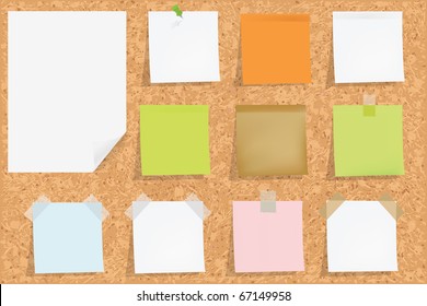 Cork Notice Board With Blank Colorful Sticker Notes, Vector Illustration