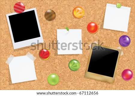 Cork Notice Board With Blank Colorful Sticker Notes And Magnets And Photos, Vector Illustration