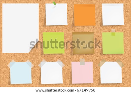 Cork Notice Board With Blank Colorful Sticker Notes, Vector Illustration