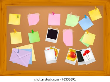 Cork Notice Board With Office Supplies. Vector.