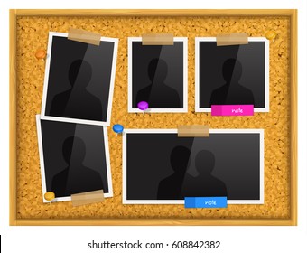 Cork notice board with photo frames, push pins and scotch tape.