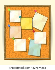 Cork Notice Board With Seven Pinned Stick Notes. Blank Colored Sheets For Notes, Pinned Ready For Your Text. School Bulletin Board