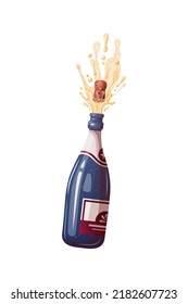 Cork pops out of Champagne. Birthday party, celebration, holiday, event, festive, congratulations concept. Isolated vector illustration. 