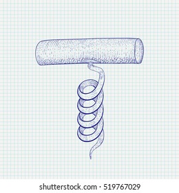 Cork screw. Hand drawn sketch. Vector illustration on notebook sheet background