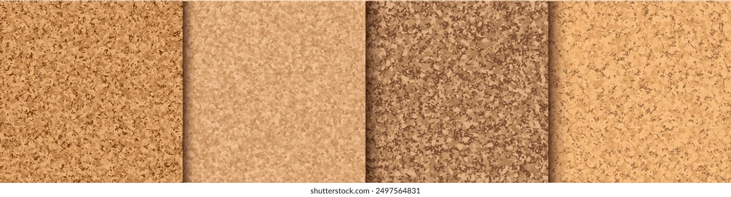 Cork seamless texture. Corkboard pattern, wooden brown tiles. Natural cork chipboard material. Noticeboard grainy detailed surface. Vector backgrounds set.