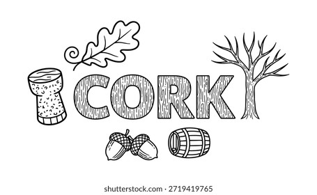 Conjunto de corcho dibujando hojas de roble barril bellotas línea arte industria del vino. Hoja de roble barril de corcho bellota Ilustración vectorial de vinificación.