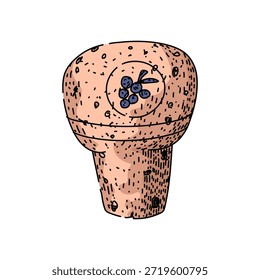 Tapón de corcho rematado con boceto decorativo de racimo de uva, que evoca la cultura del vino, el sellado rústico, los ingredientes naturales y la tradición del viñedo para el diseño de botellas, bodegas o envases